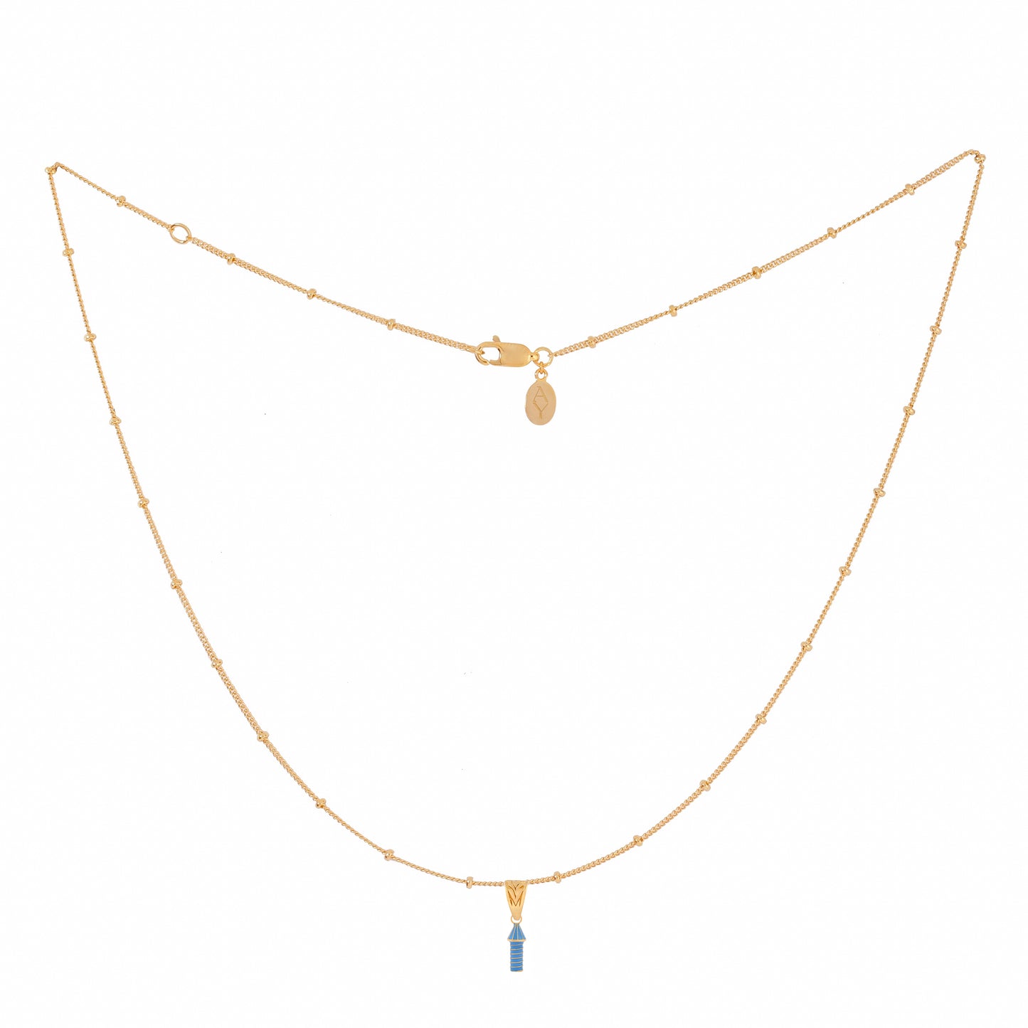 image of rocket enamel necklace with blue enamel rocket, flat view on white background showing full length of chain