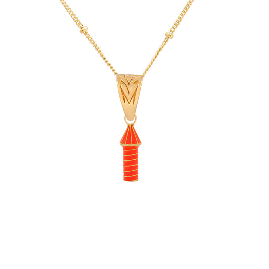 image of rocket enamel necklace in orange close up of pendant on white background