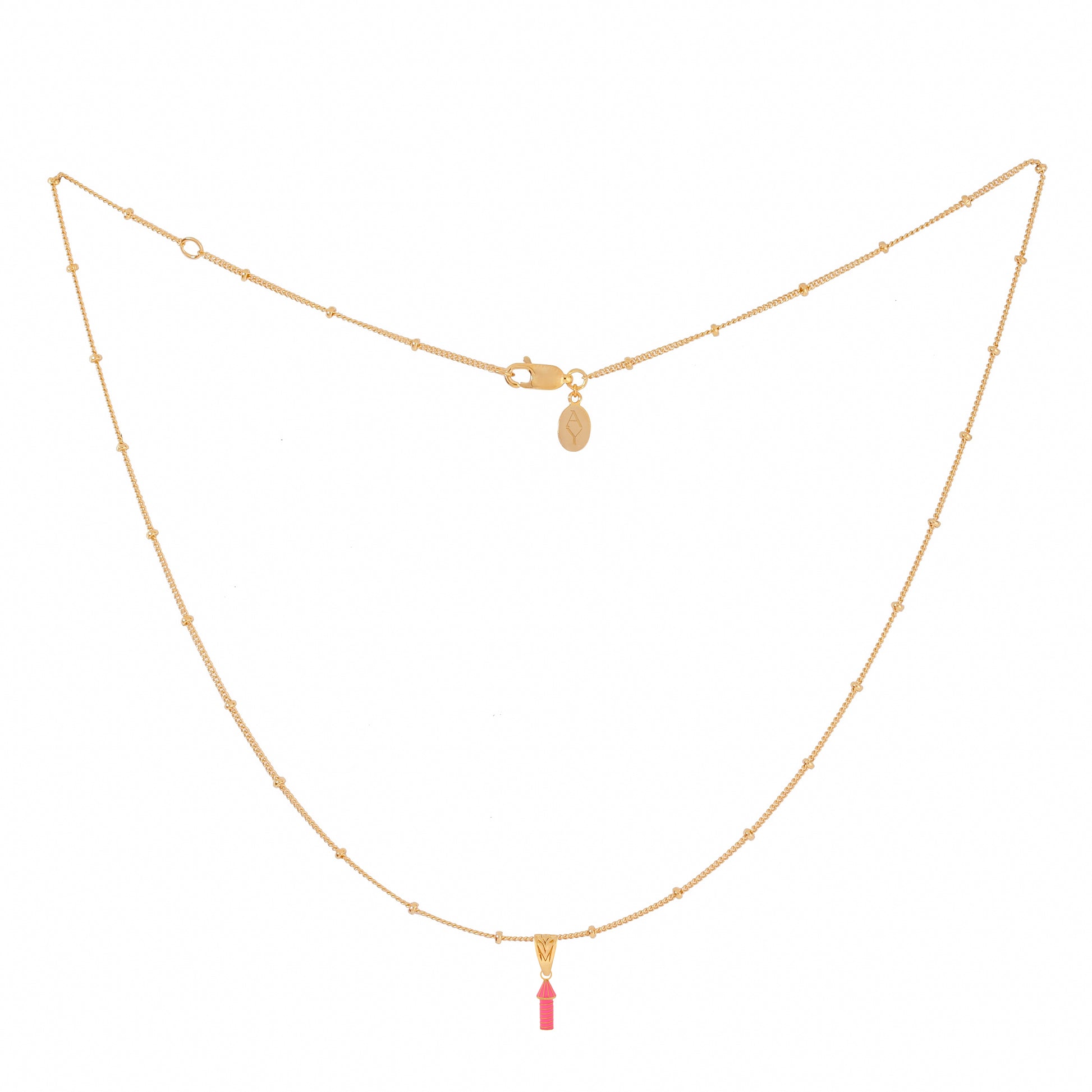 image of rocket enamel necklace showing full length ball chain
