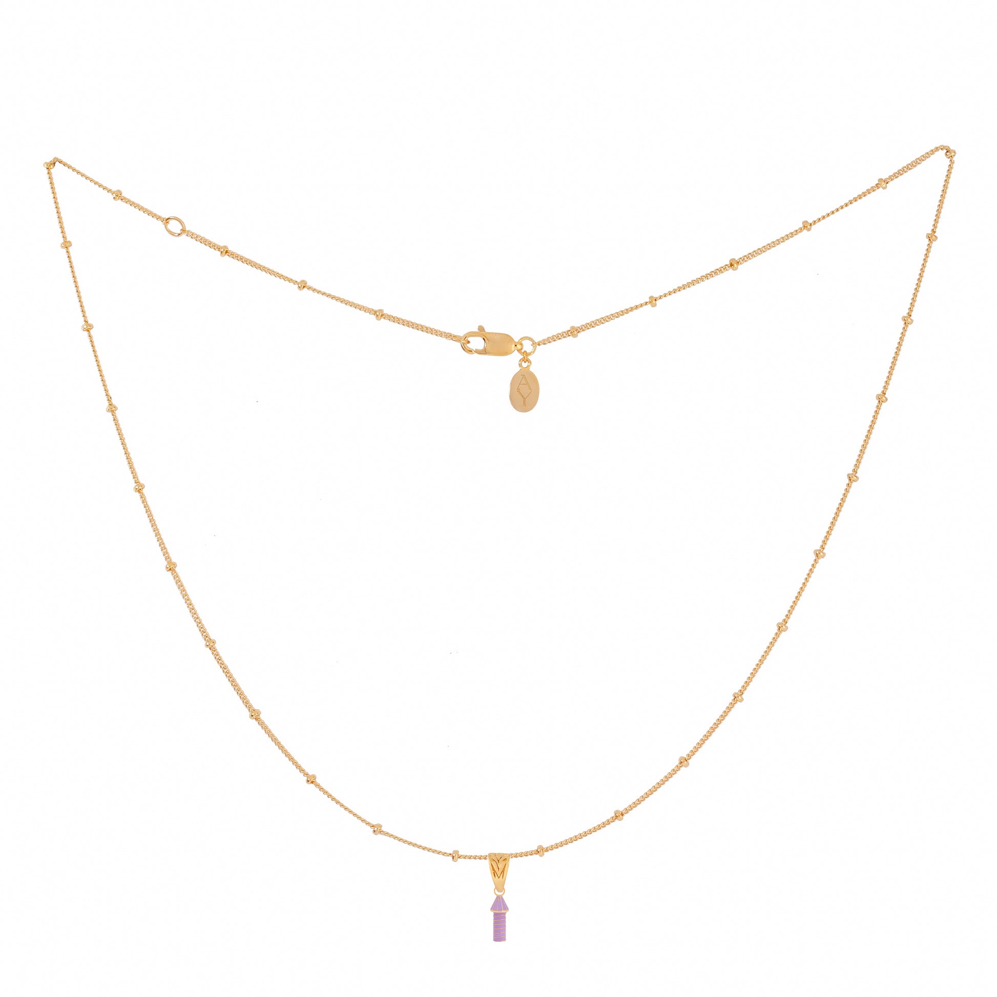 image of rocket enamel necklace showing full length chain and pendant on white background