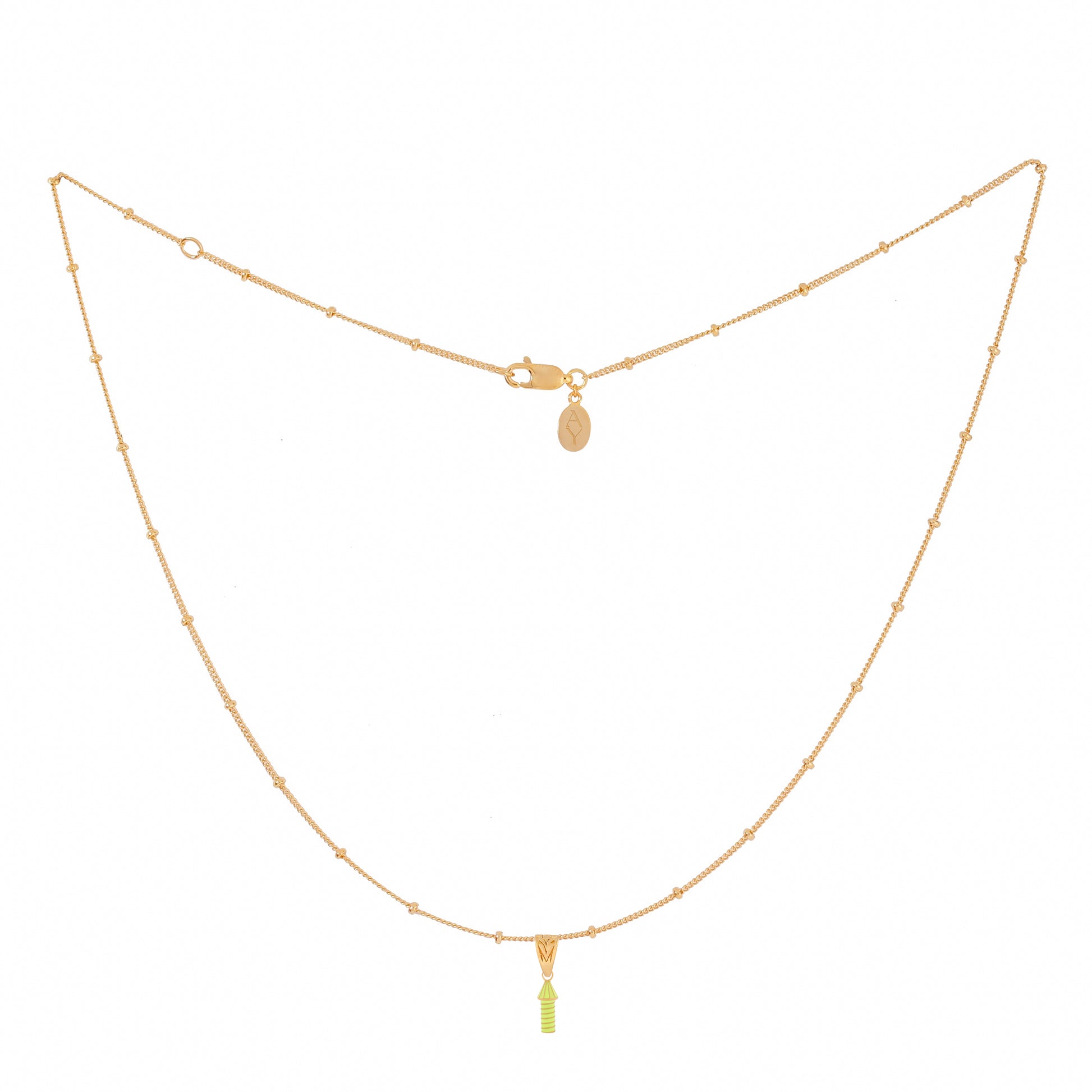 image of rocket enamel necklace showing full length chain and pendant on white background