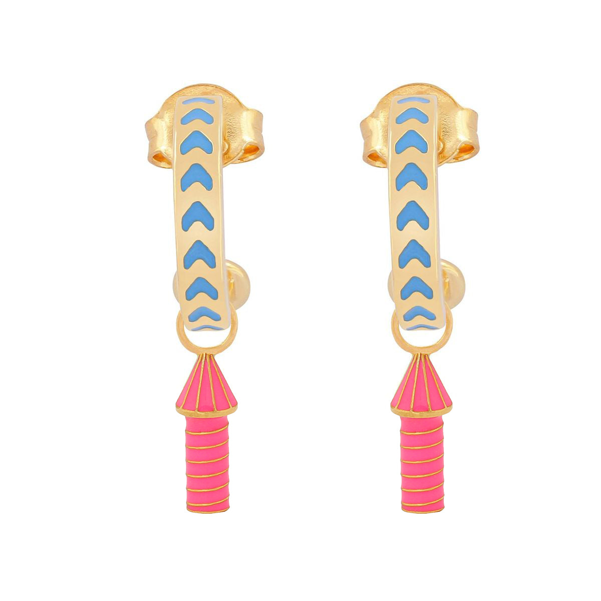 image of rocket enamel earrings in blue and pink and gold on white background