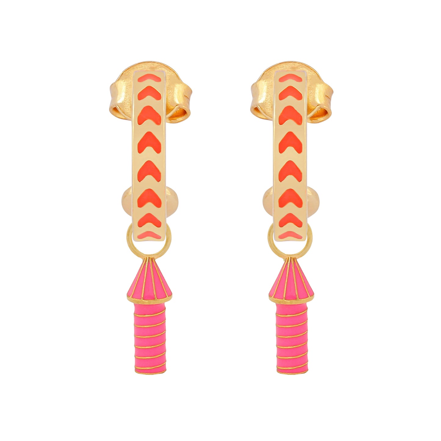 image of rocket enamel earrings in orange and pink and gold on white background