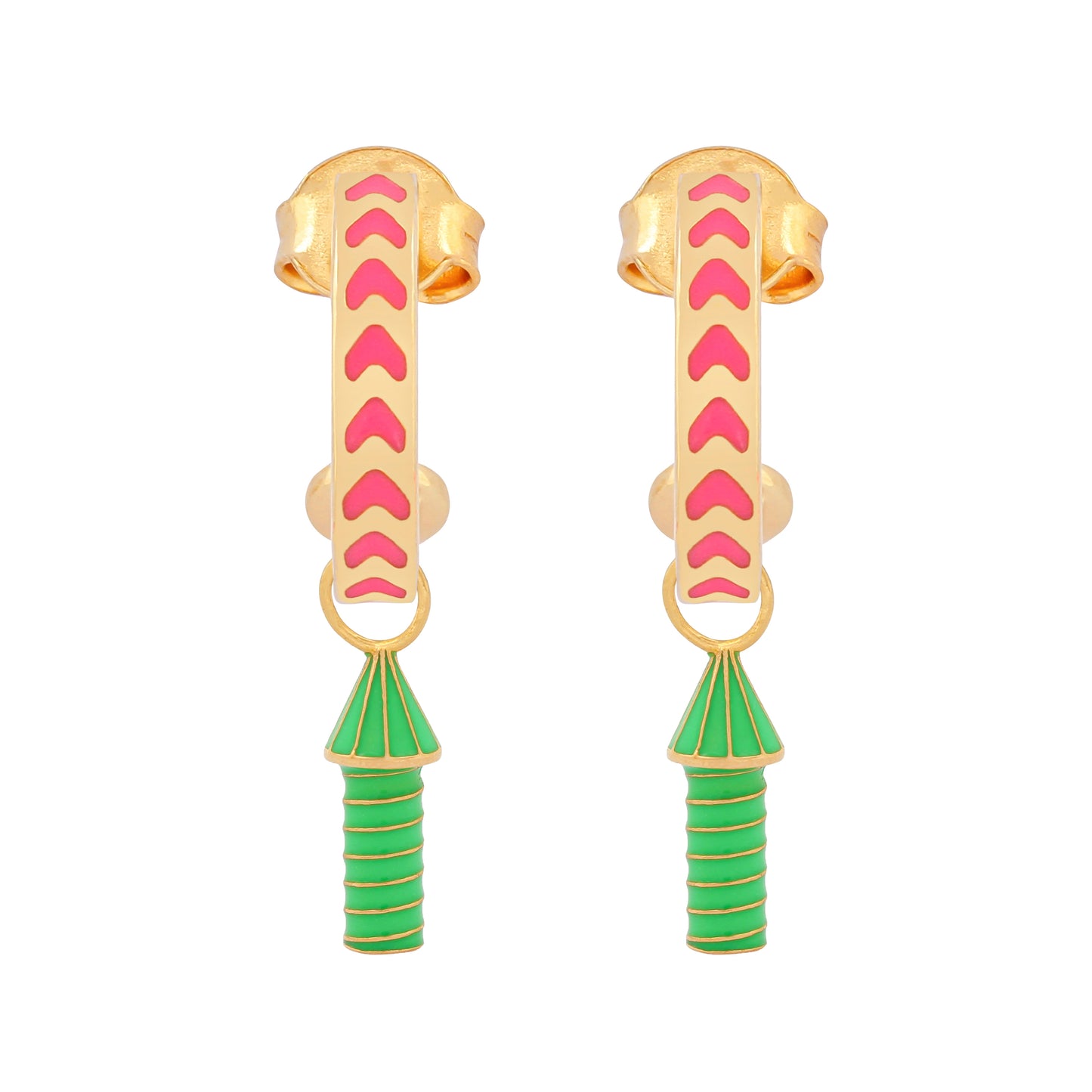 image of rocket enamel earrings in pink, green and gold on white background