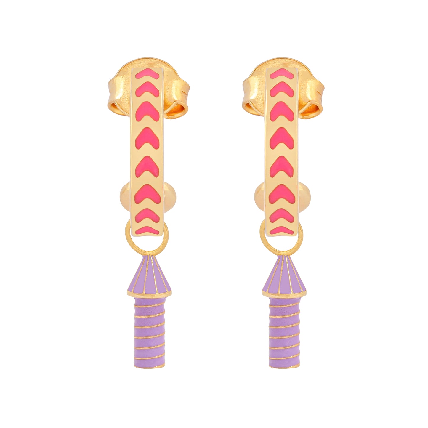 image of rocket enamel earrings in pink, purple and gold on white background