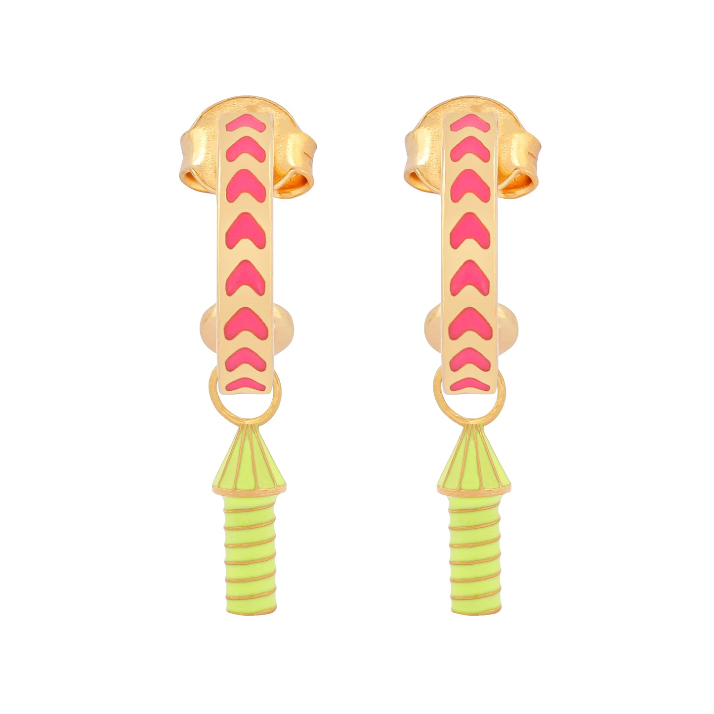 image of rocket enamel earrings in pink and neon yellow and gold on white background