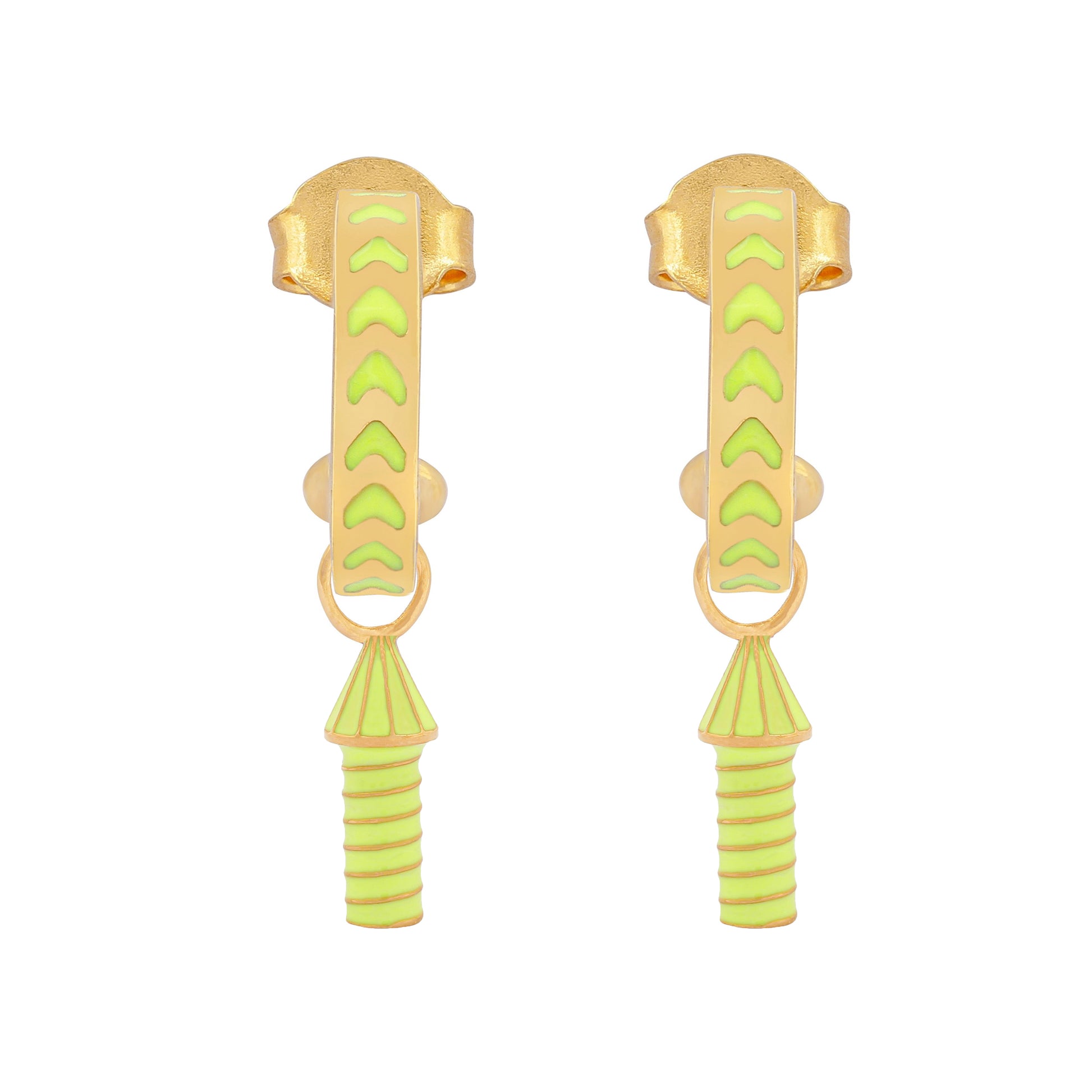 image of rocket enamel earrings in neon yellow and gold on white background