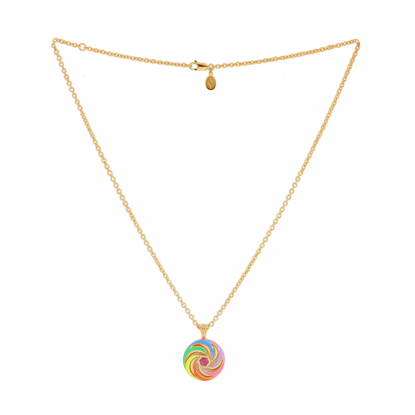 image of enamel necklace with spinning disk and ruby hex centre full length including chain on white background