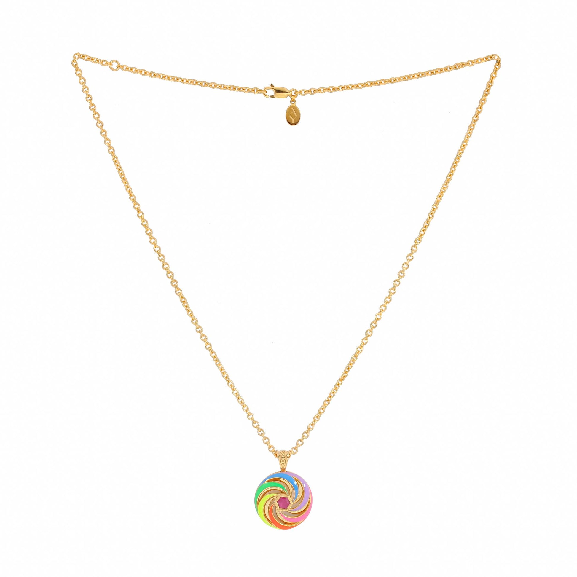 image of enamel necklace with spinning disk and ruby hex centre full length including chain on white background
