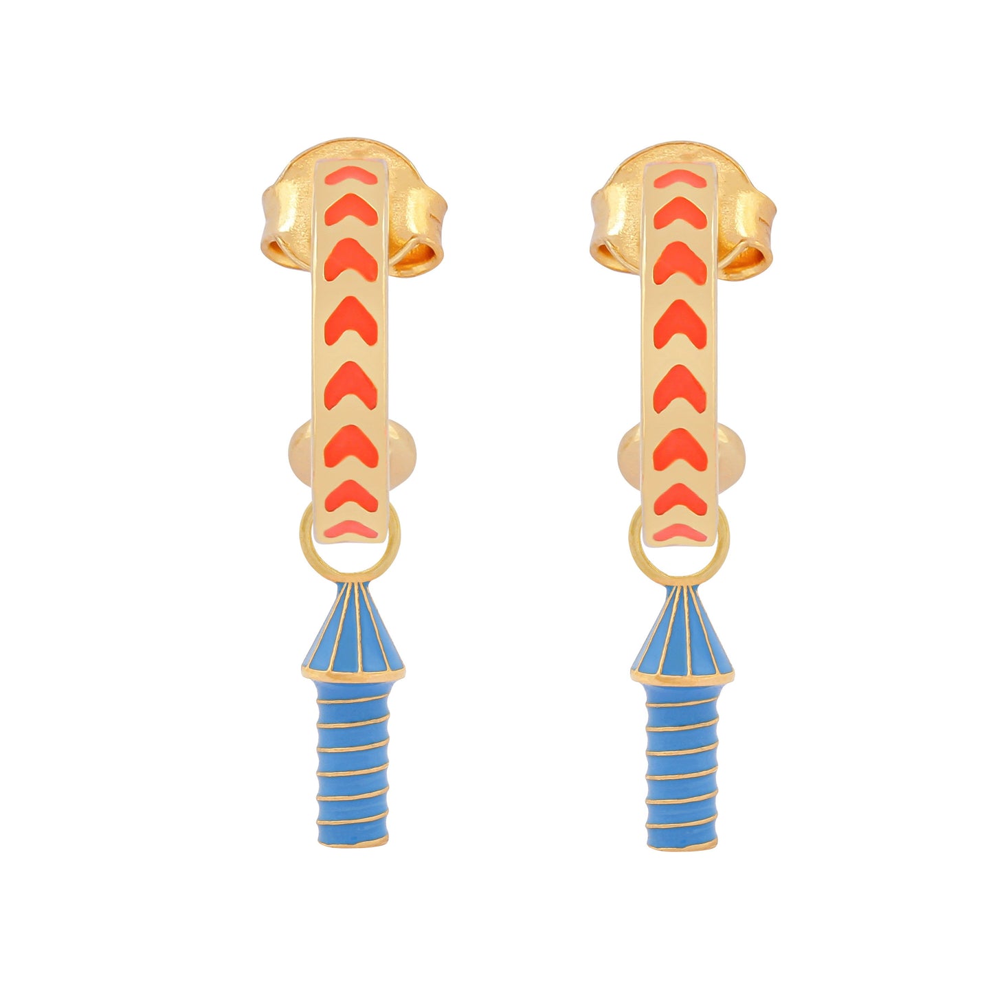 image of rocket enamel earrings in orange and blue and gold on white background