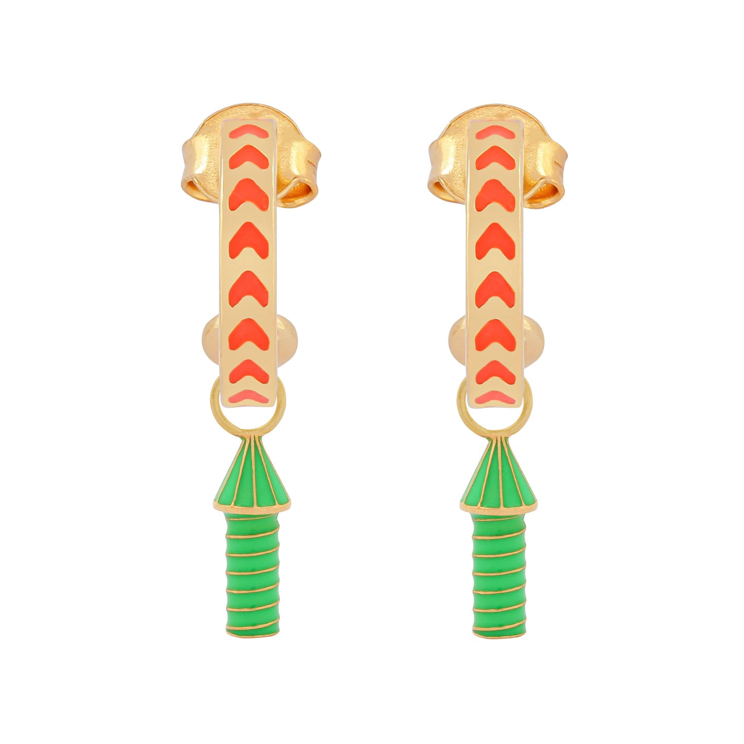 image of rocket enamel earrings in orange and green and gold on white background