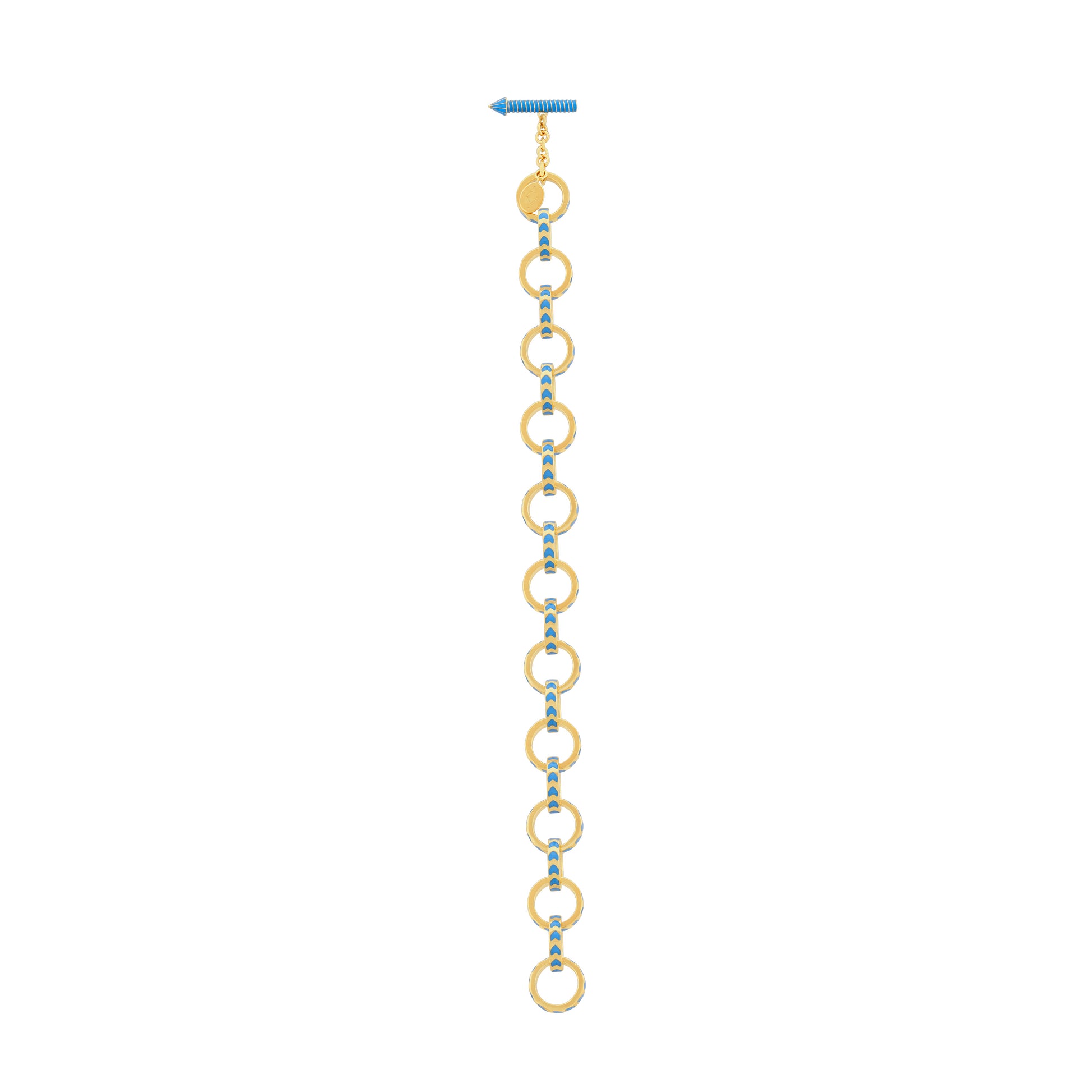 image of gold chain bracelet with blue enamel flat in a straight line on a white background