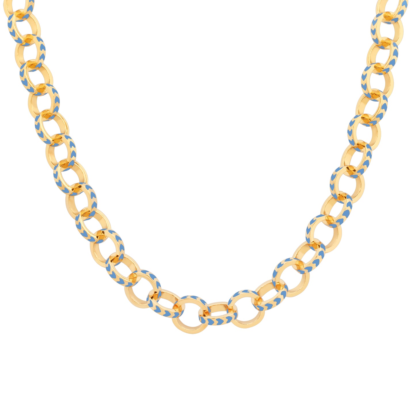 image of spark gold chain necklace in blue and gold on white background showing detail of links