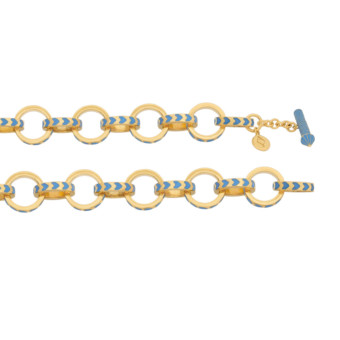 image of spark gold chain necklace in blue and gold showing detail of lock and links on white background