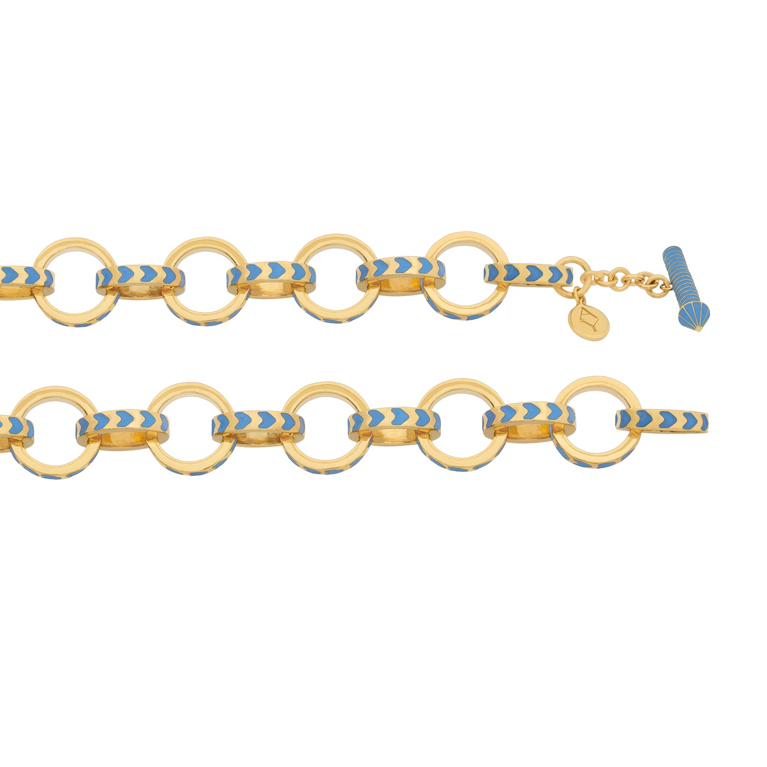 image of spark gold chain necklace in blue and gold showing detail of lock and links on white background