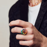 image of spinning ring on hand of model with black jacket