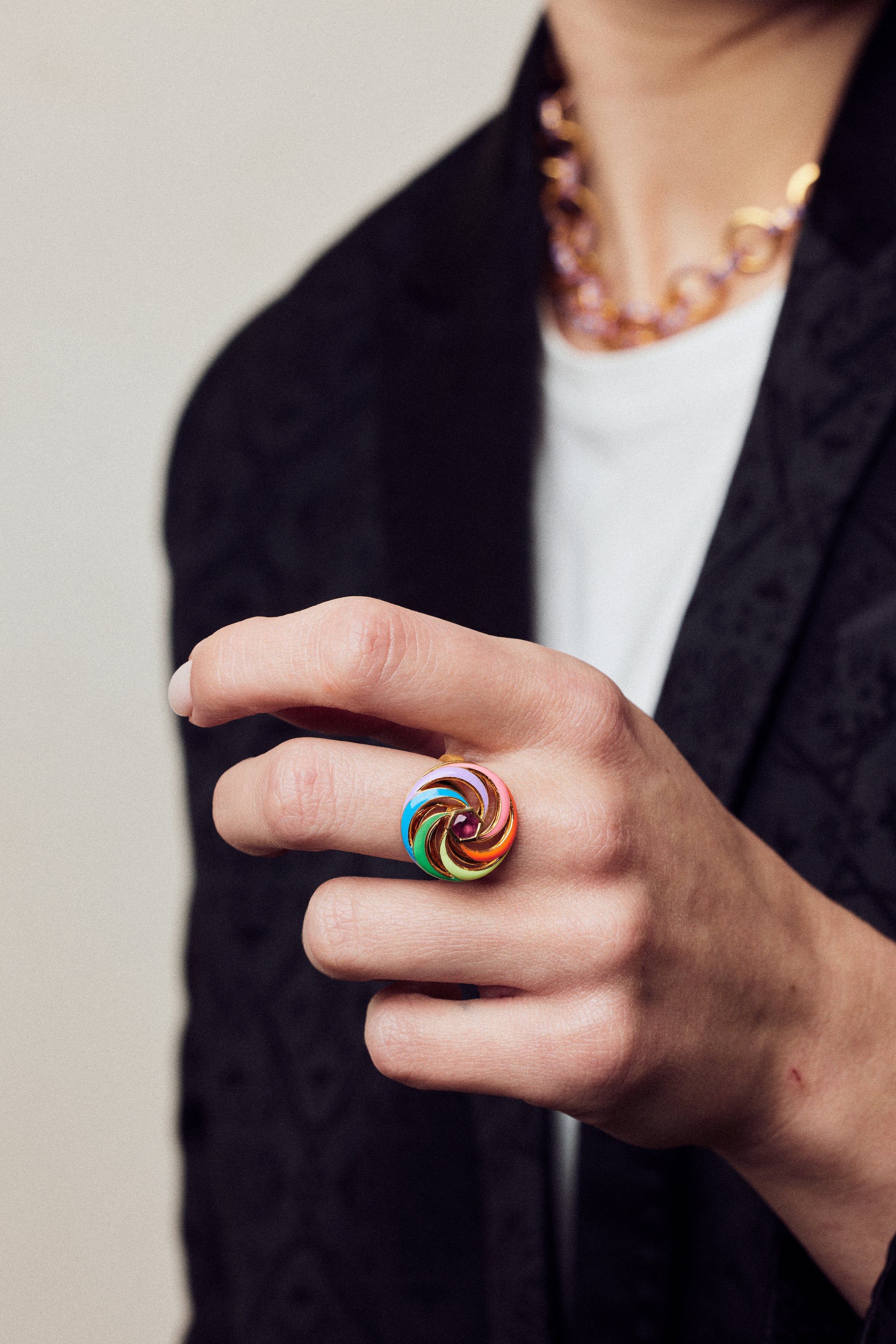 image of spinning ring on hand of model with black jacket