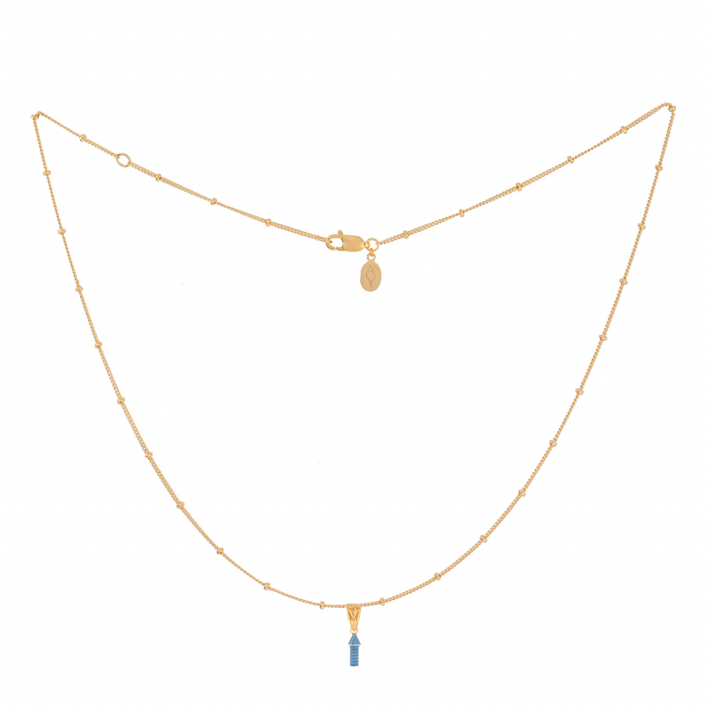 image of rocket enamel necklace with blue enamel rocket, flat view on white background showing full length of chain