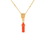image of rocket enamel necklace in orange close up of pendant on white background
