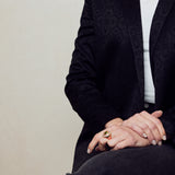 image of firework heart ring on model sitting with legs crossed and hands on lap