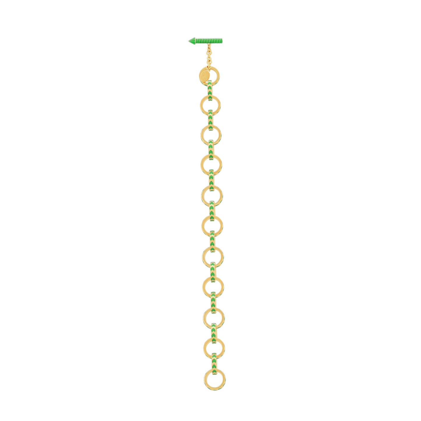 image of spark gold chain bracelet in green and gold in a straight line flat on a white background