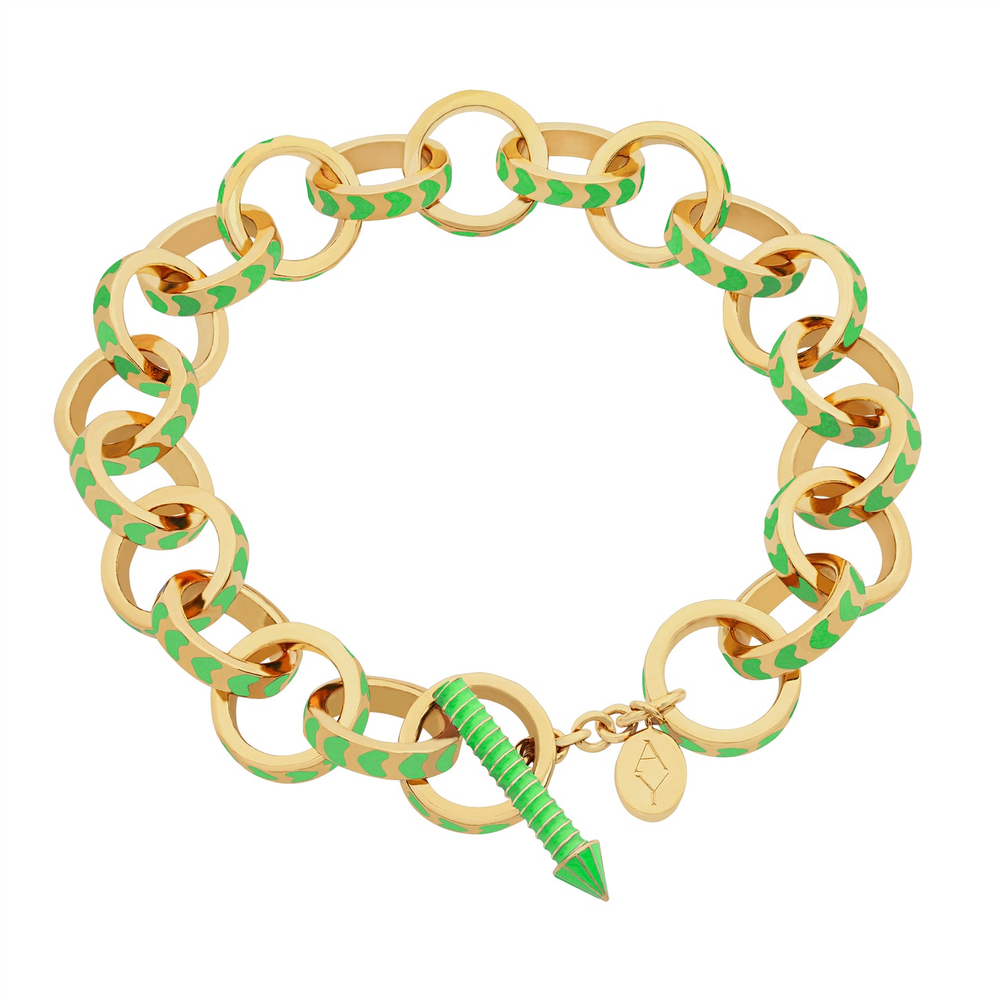 image of spark chain bracelet with green enamel in full circle lying flat on white background