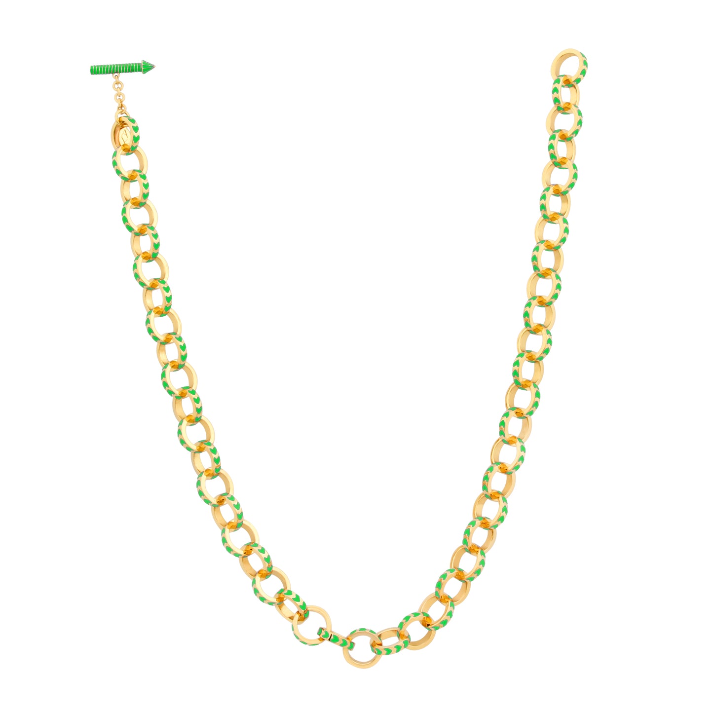 image of spark gold chain necklace in green and gold showing full length curved lying flat on white background