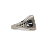 side view of stone signet ring in brushed sterling silver showing fingers crossed motif