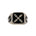 A signet ring with a black onyx emblem in recycled sterling silver, featuring a emblem depicting two hands on columns.