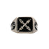 A signet ring with a black onyx emblem in recycled sterling silver, featuring a emblem depicting two hands on columns.