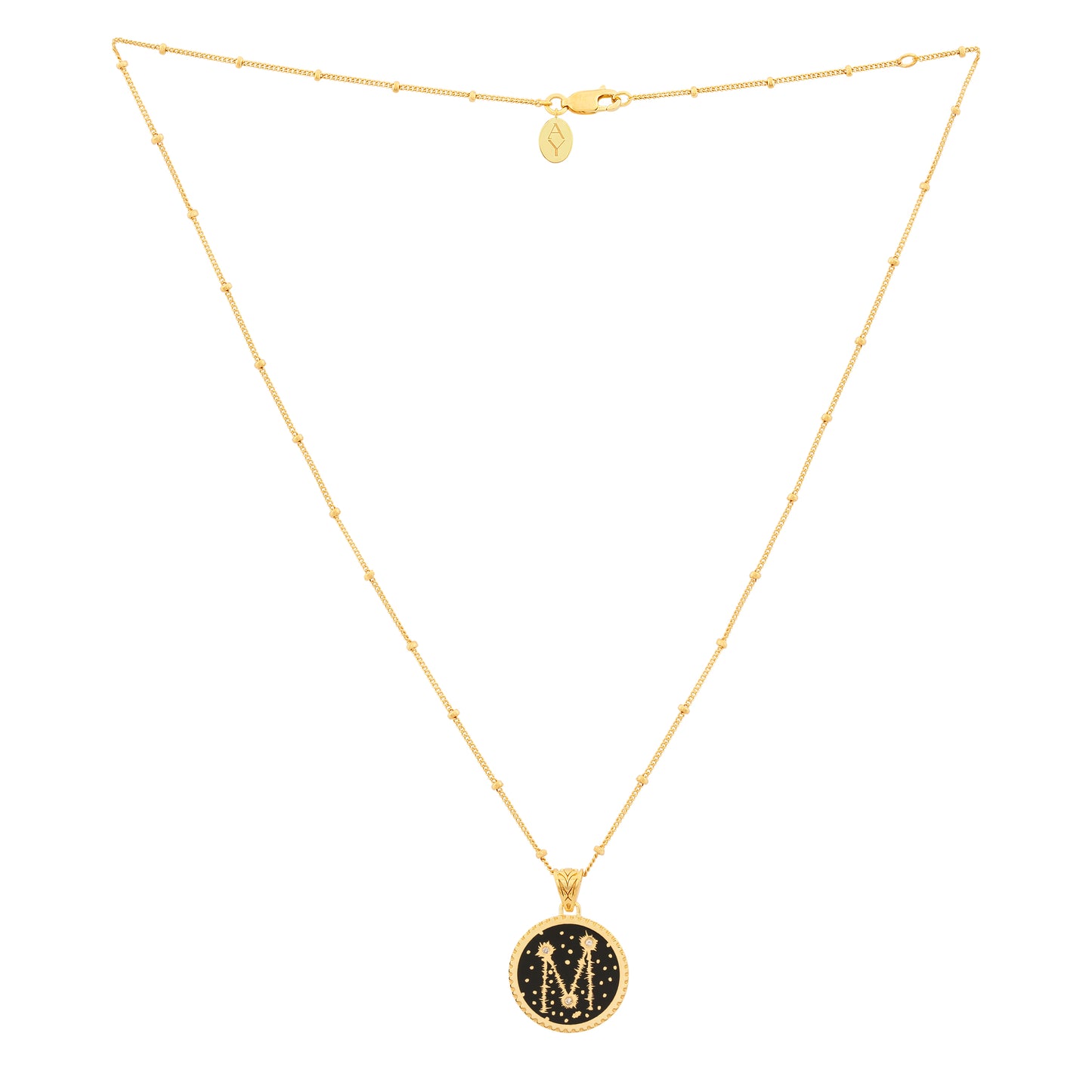 image of sparkler diamond initial necklace, letter M, showing full length of chain on white background