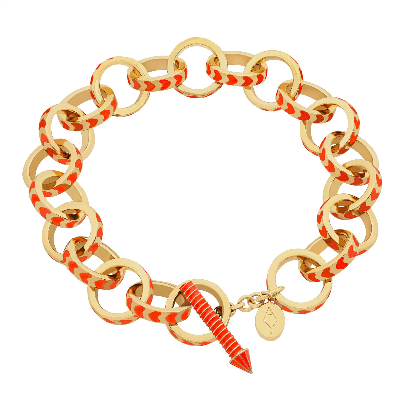 image of spark gold chain bracelet in orange and gold shown in full circle flat on a white background