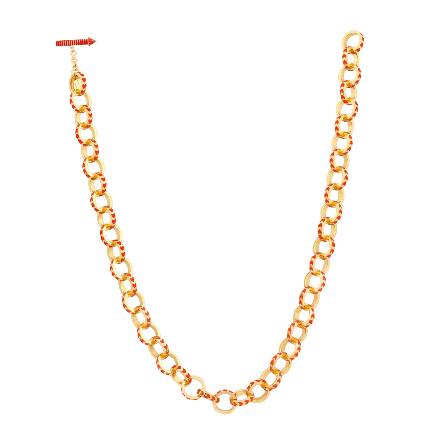 image of spark gold chain necklace in orange and gold shown full length on white background