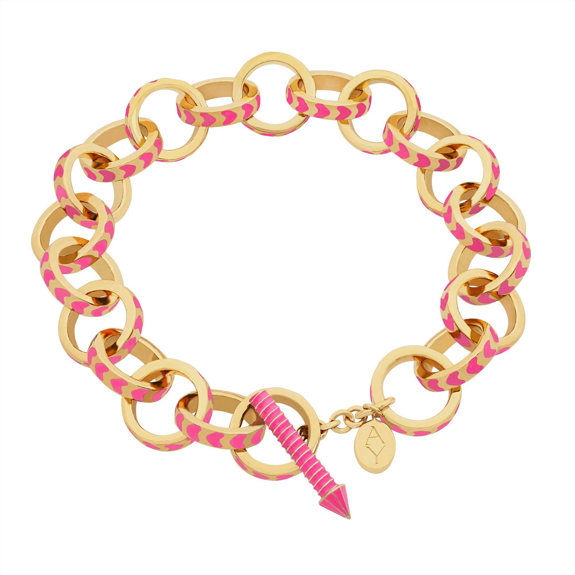 image of spark gold chain bracelet in pink and gold in full circle lying flat on white background