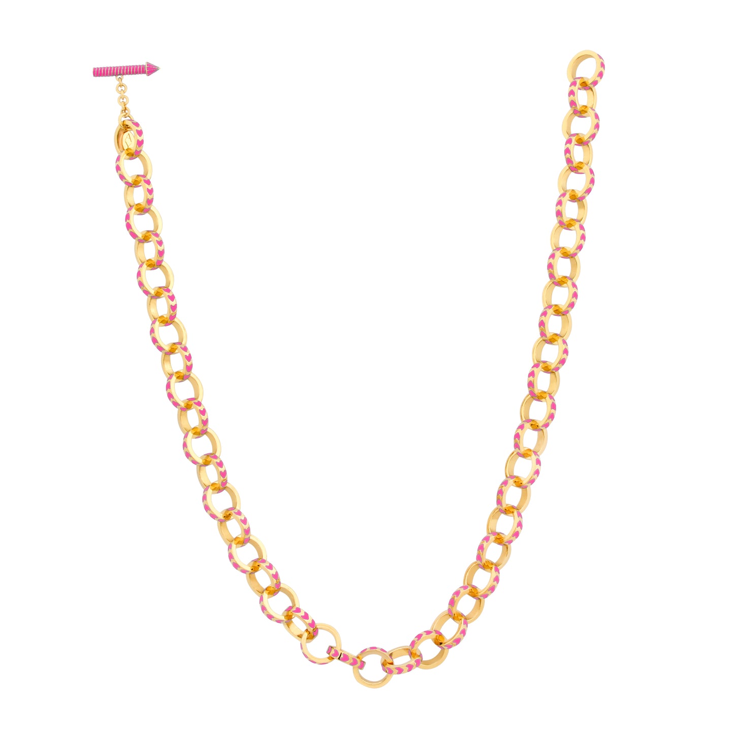 image of spark gold chain necklace in pink and gold shown full length on white background