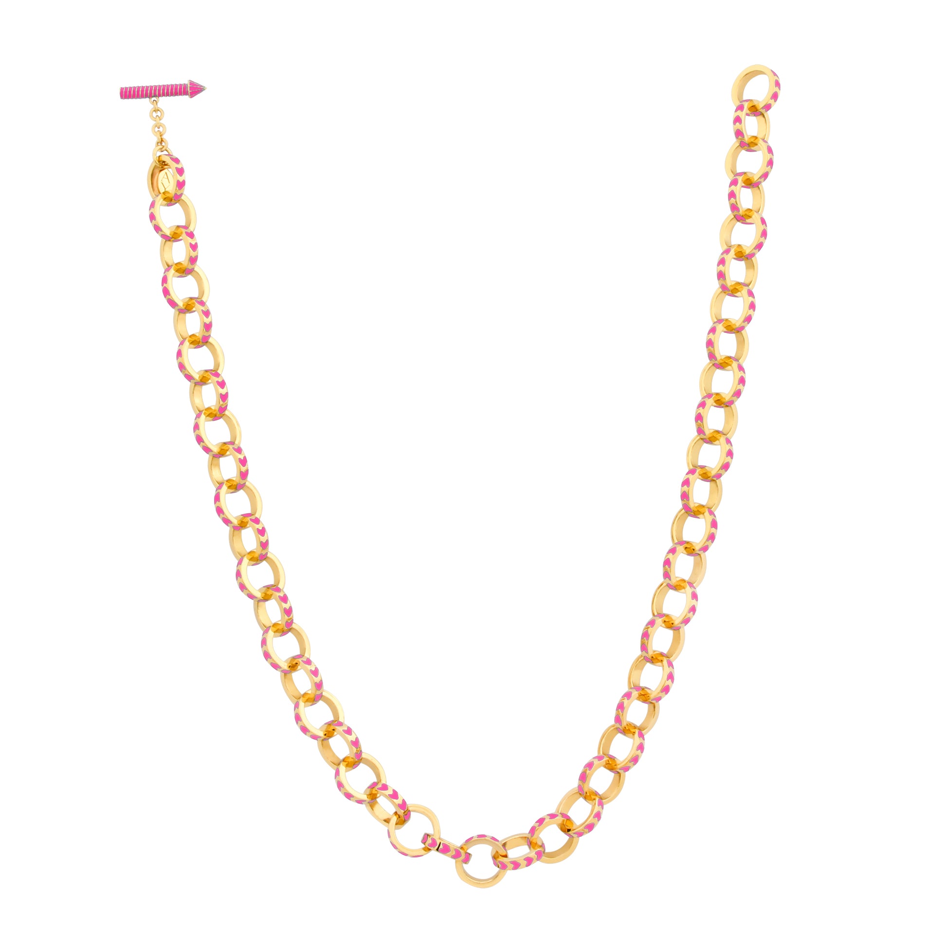 image of spark gold chain necklace in pink and gold shown full length on white background