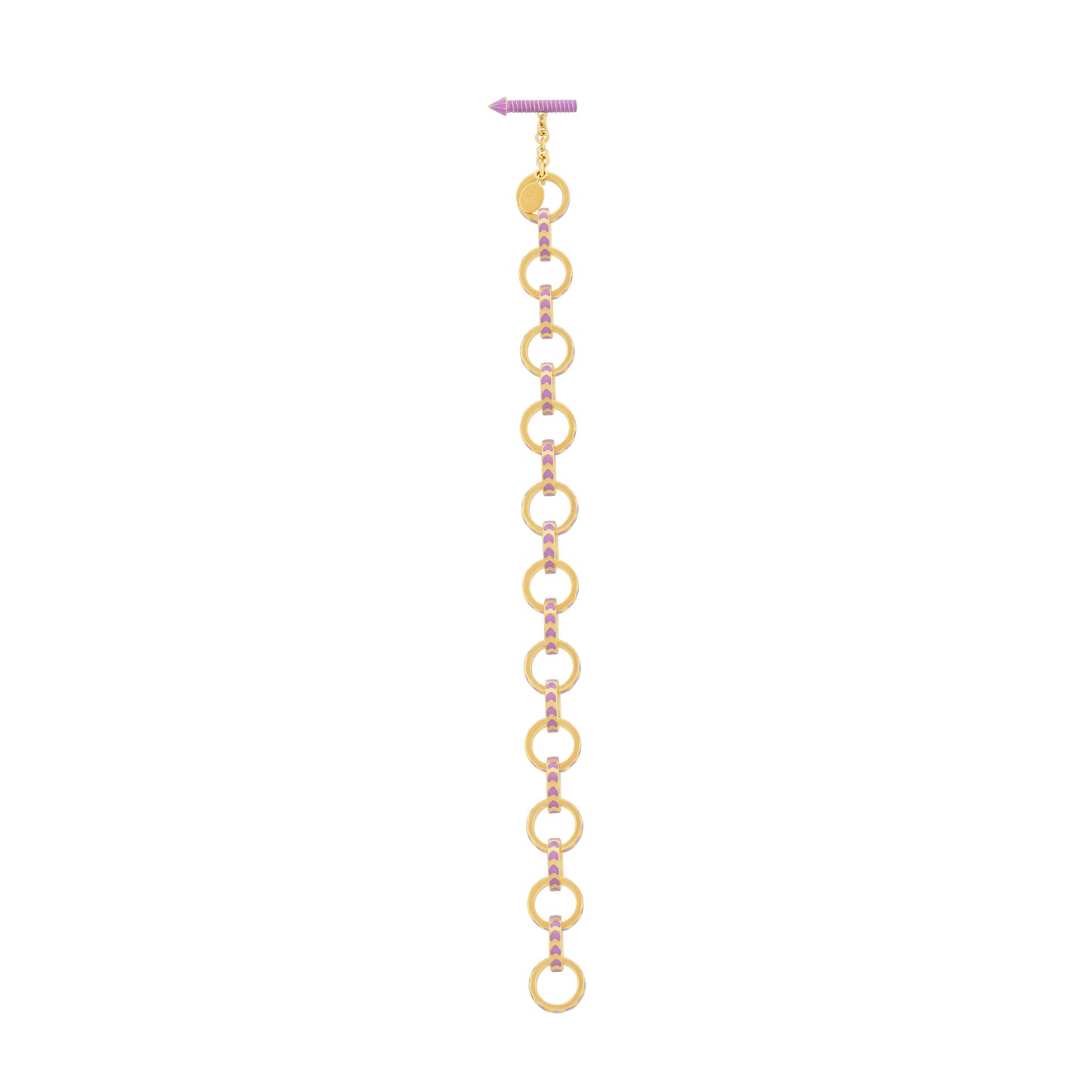 image of spark gold chain bracelet in purple and gold shown lying flat in a straight line on a white background