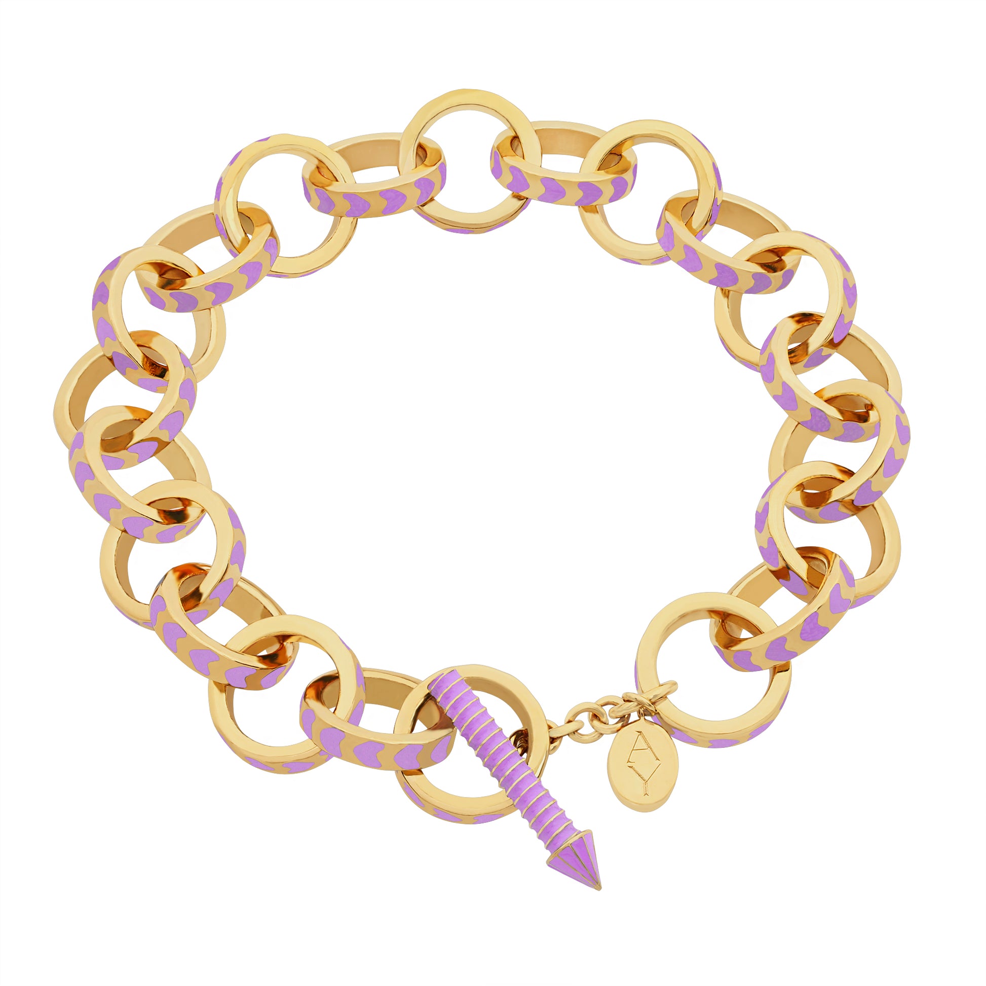 image of spark gold chain bracelet in purple and gold lying in full circle flat on a white background