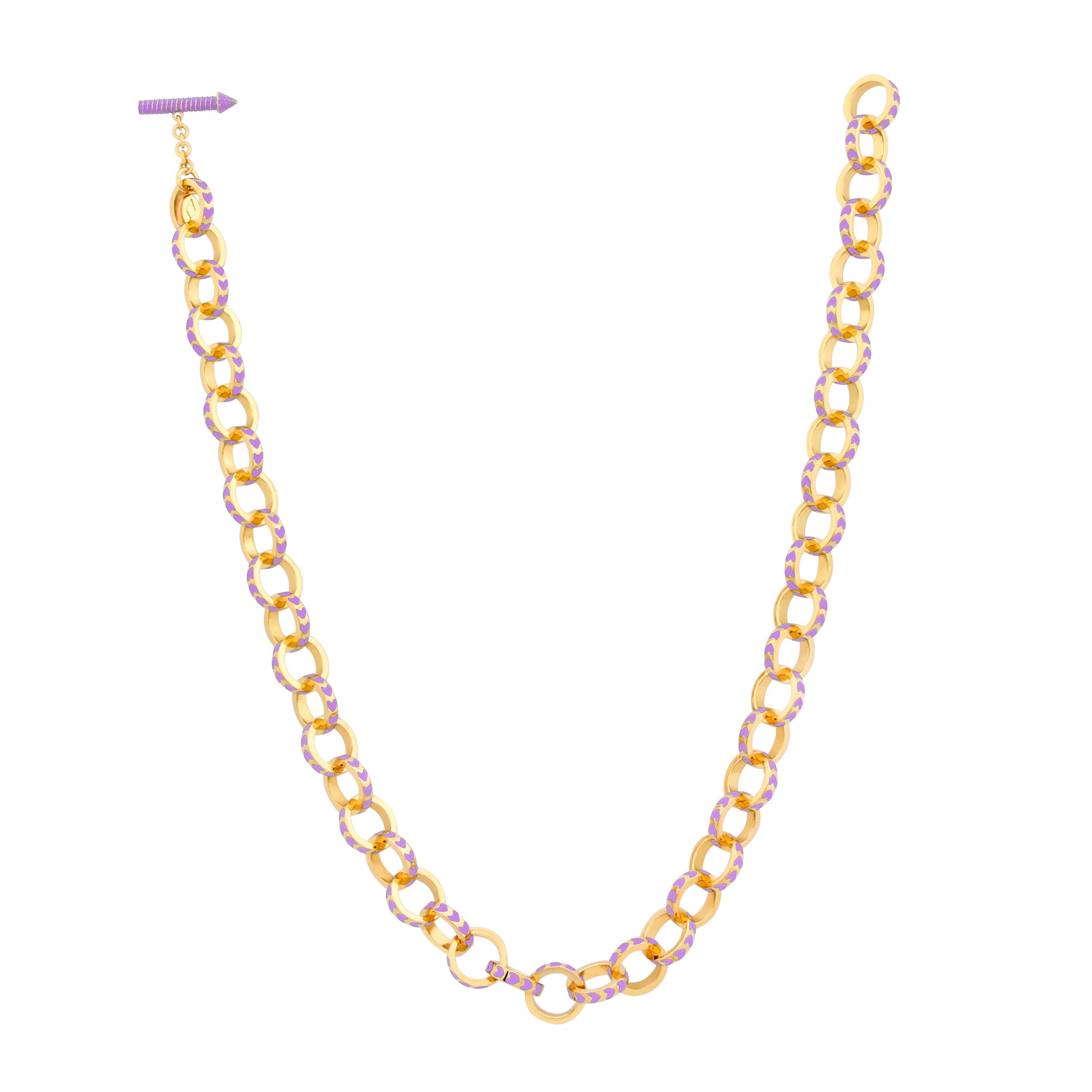 image of spark gold chain necklace in purple and gold shown full length on white background