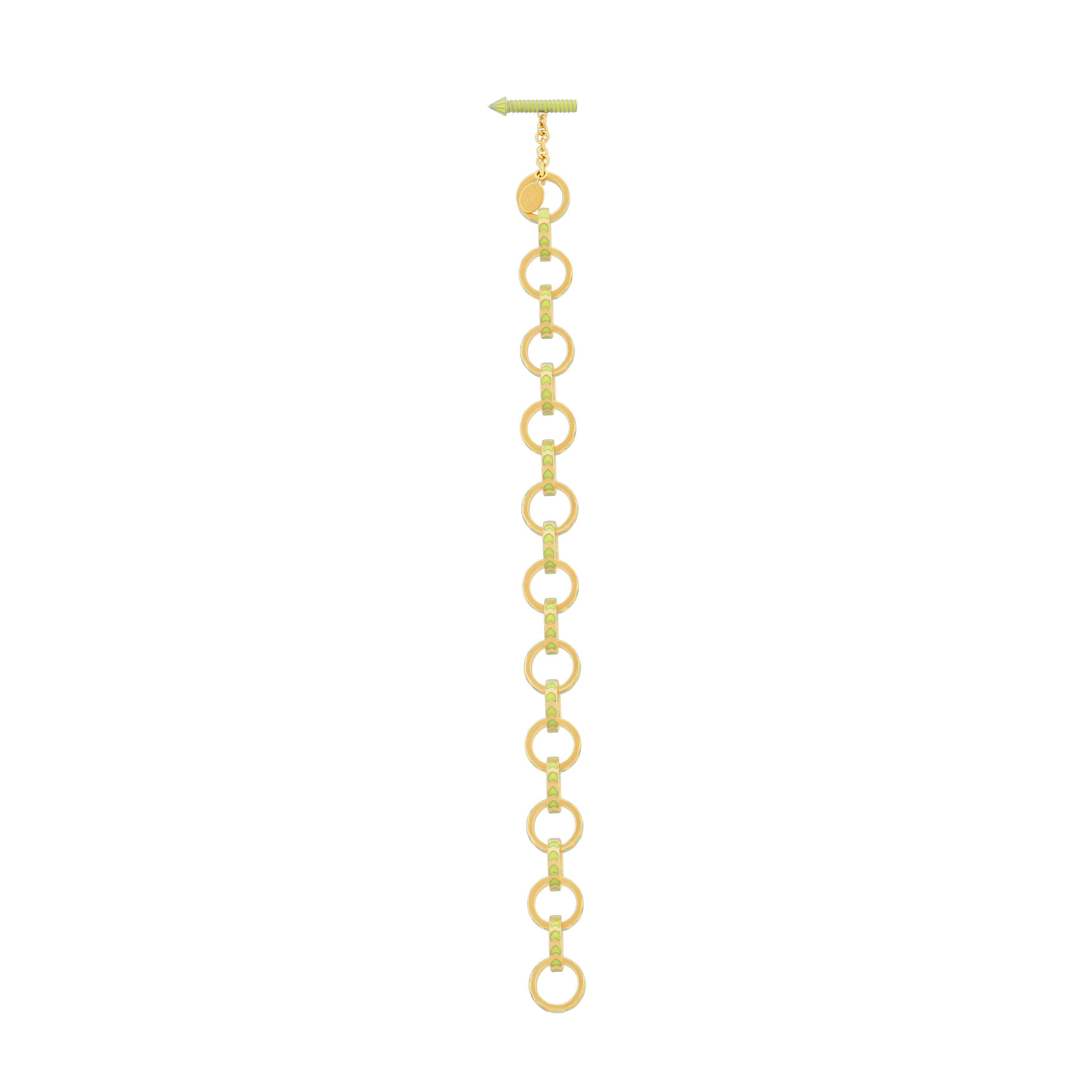image of spark gold chain bracelet in neon yellow and gold shown full length in straight line lying flat on white background