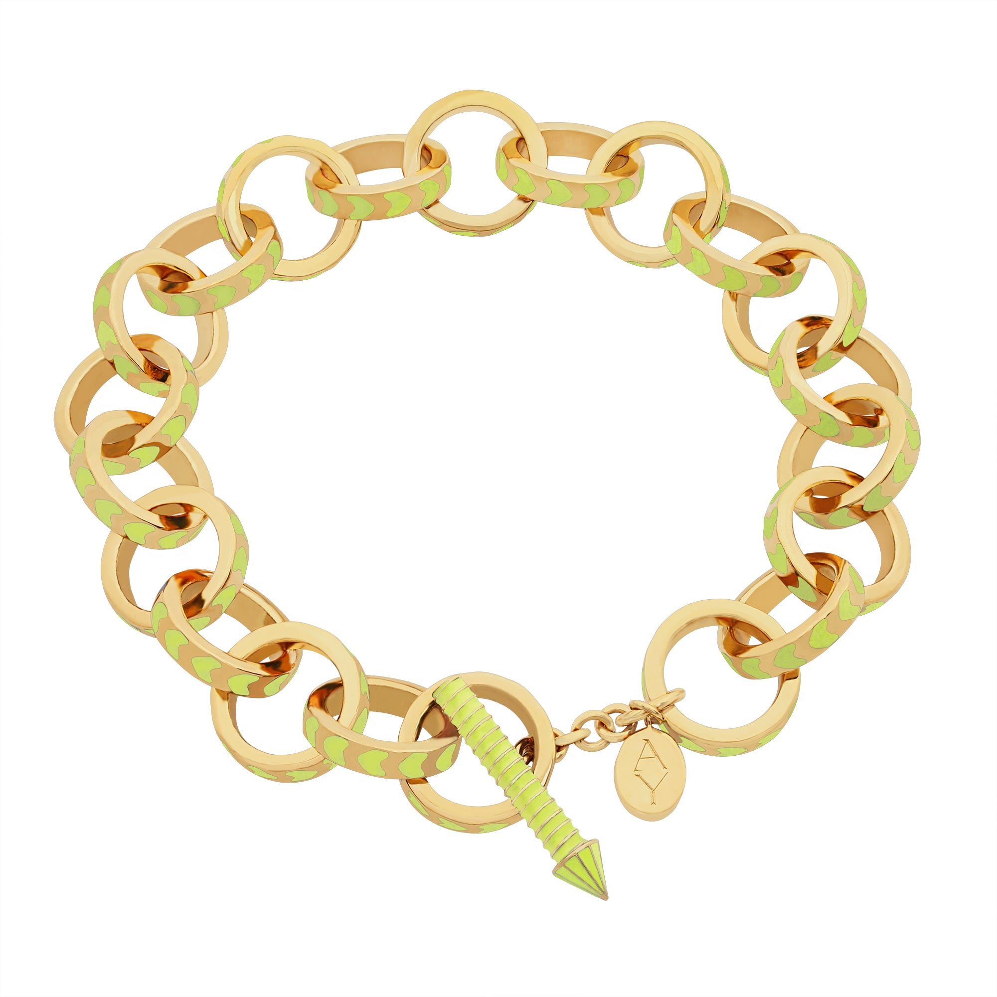 image of spark gold chain bracelet in neon yellow and gold shown in a full circle lying flat on a white background