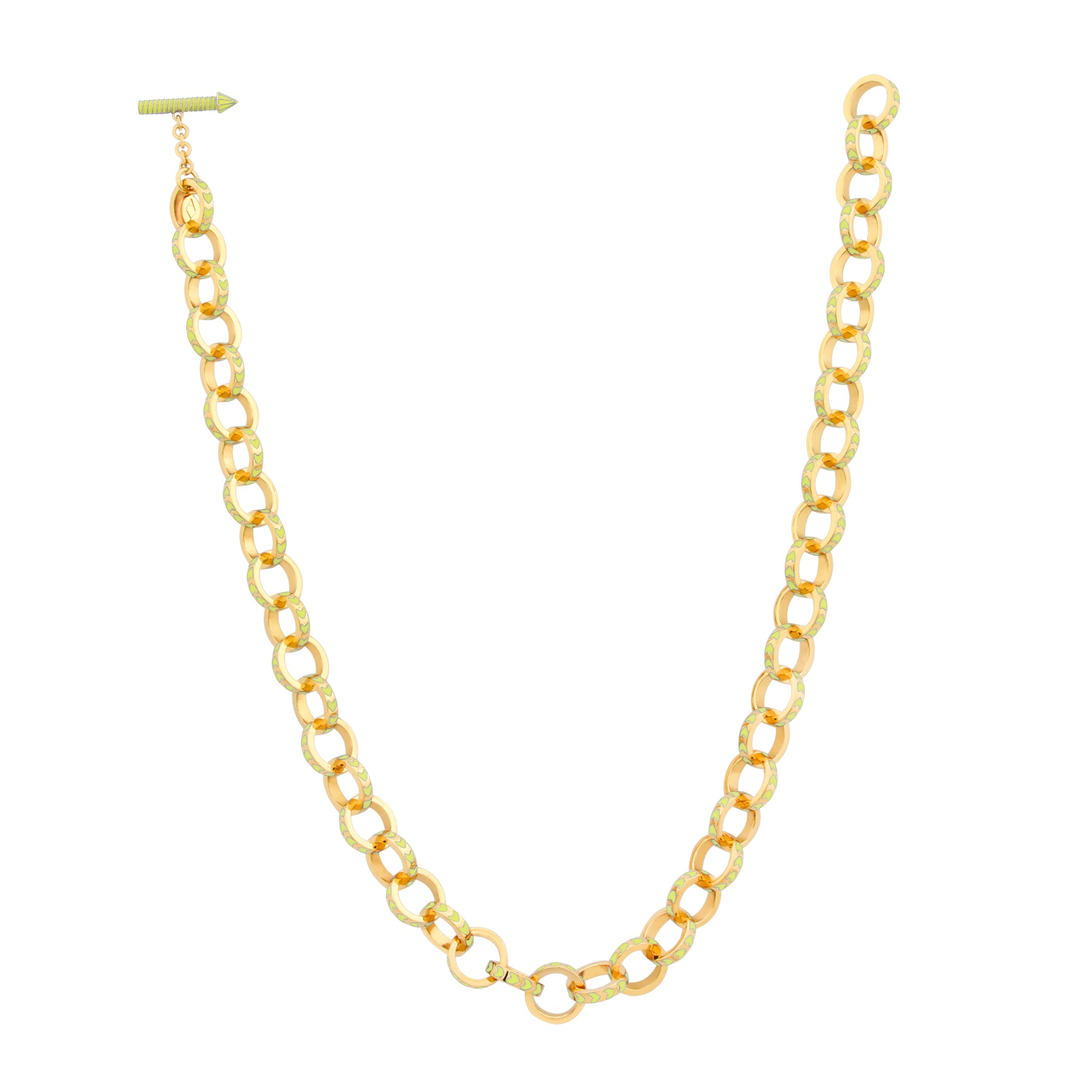 image of spark gold chain necklace in neon yellow and gold shown full length curved lying flat on white background