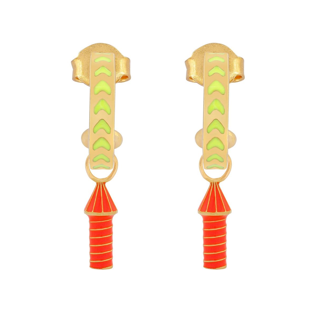 image of rocket enamel earrings in neon yellow, orange and gold on white background