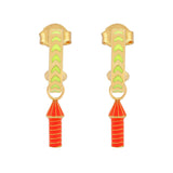 image of rocket enamel earrings in neon yellow, orange and gold on white background