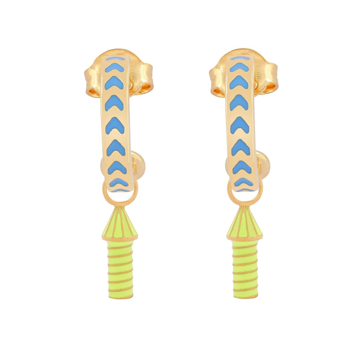 image of rocket enamel earrings in blue and yellow and gold on white background