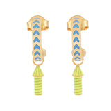 image of rocket enamel earrings in blue and yellow and gold on white background