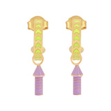image of rocket enamel earrings in neon yellow, purple and gold on white background
