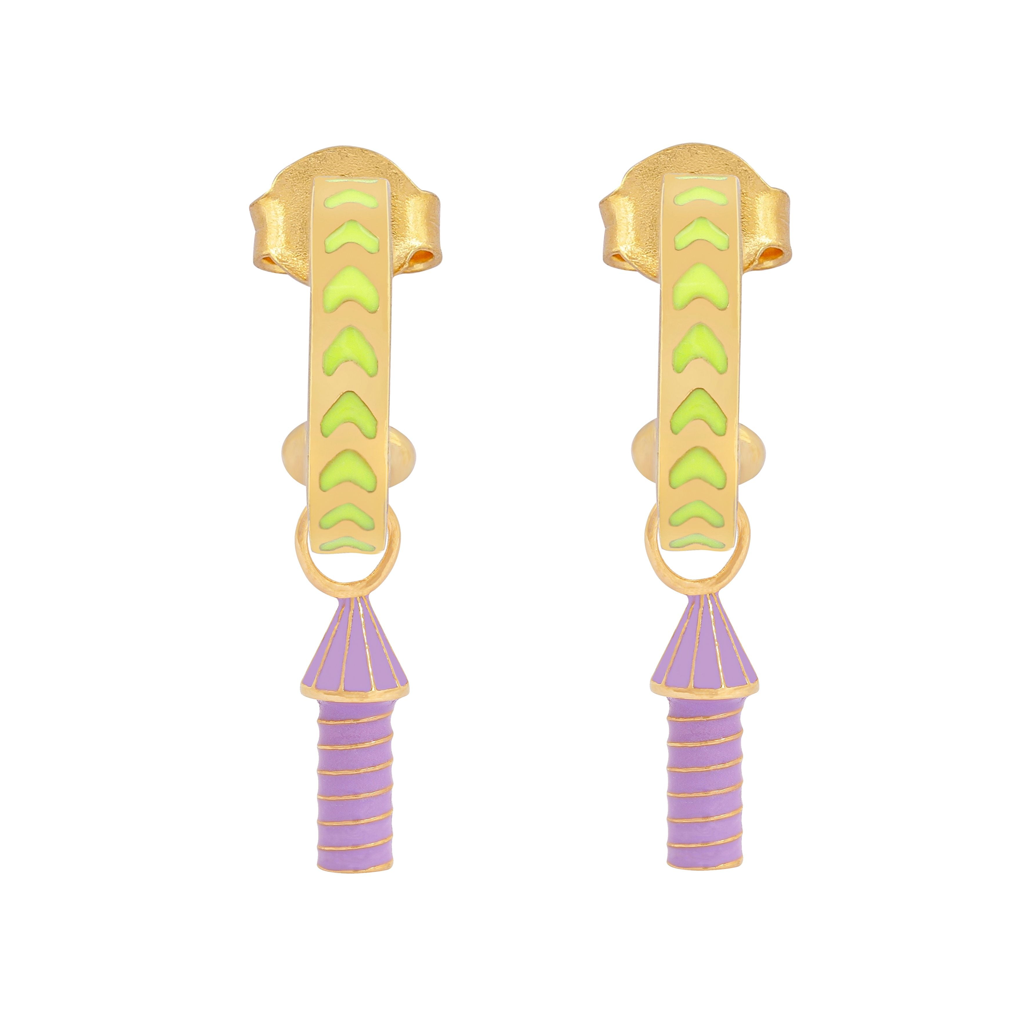 image of rocket enamel earrings in neon yellow, purple and gold on white background