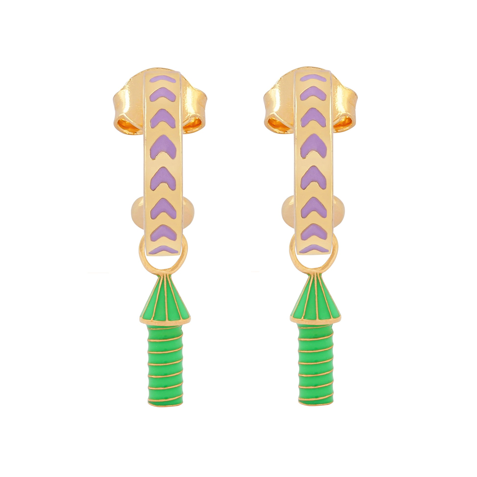 image of rocket enamel earrings in purple, green and gold on white background