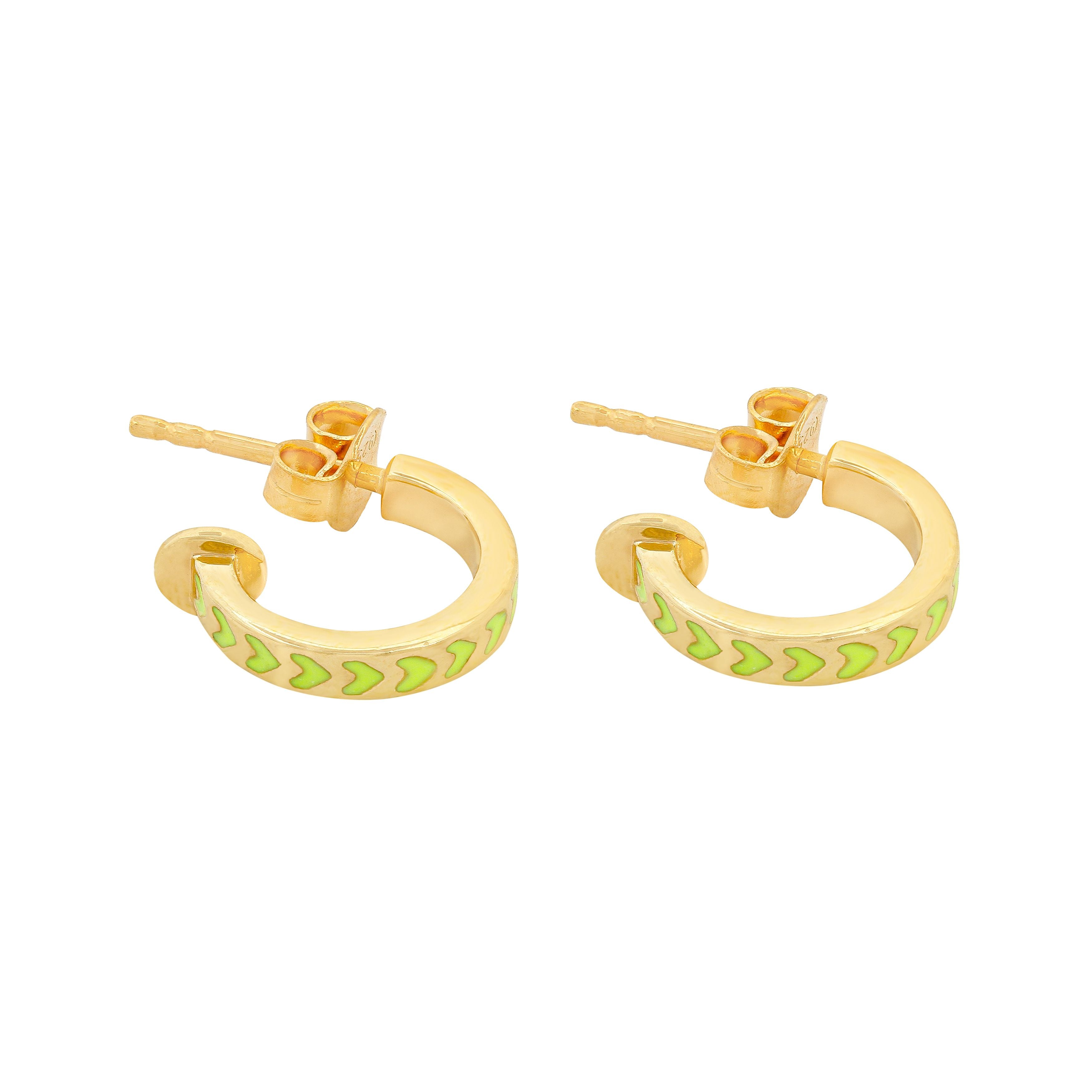 image of spark hoop enamel earrings in neon yellow and gold on white background